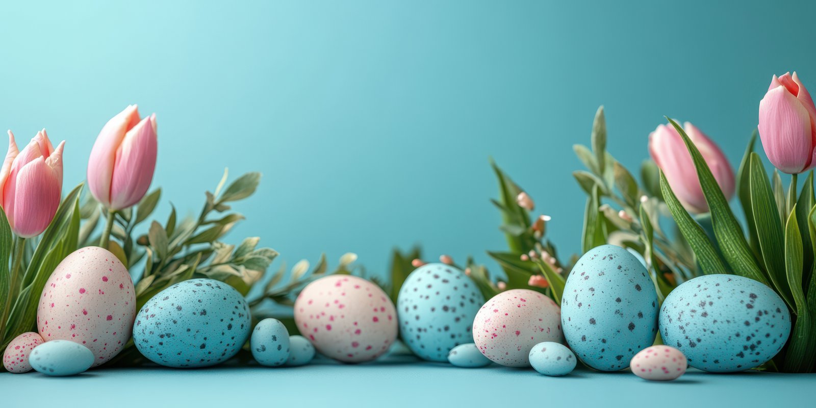 Spring celebration with pastel colored eggs and pink tulips arranged on a blue background